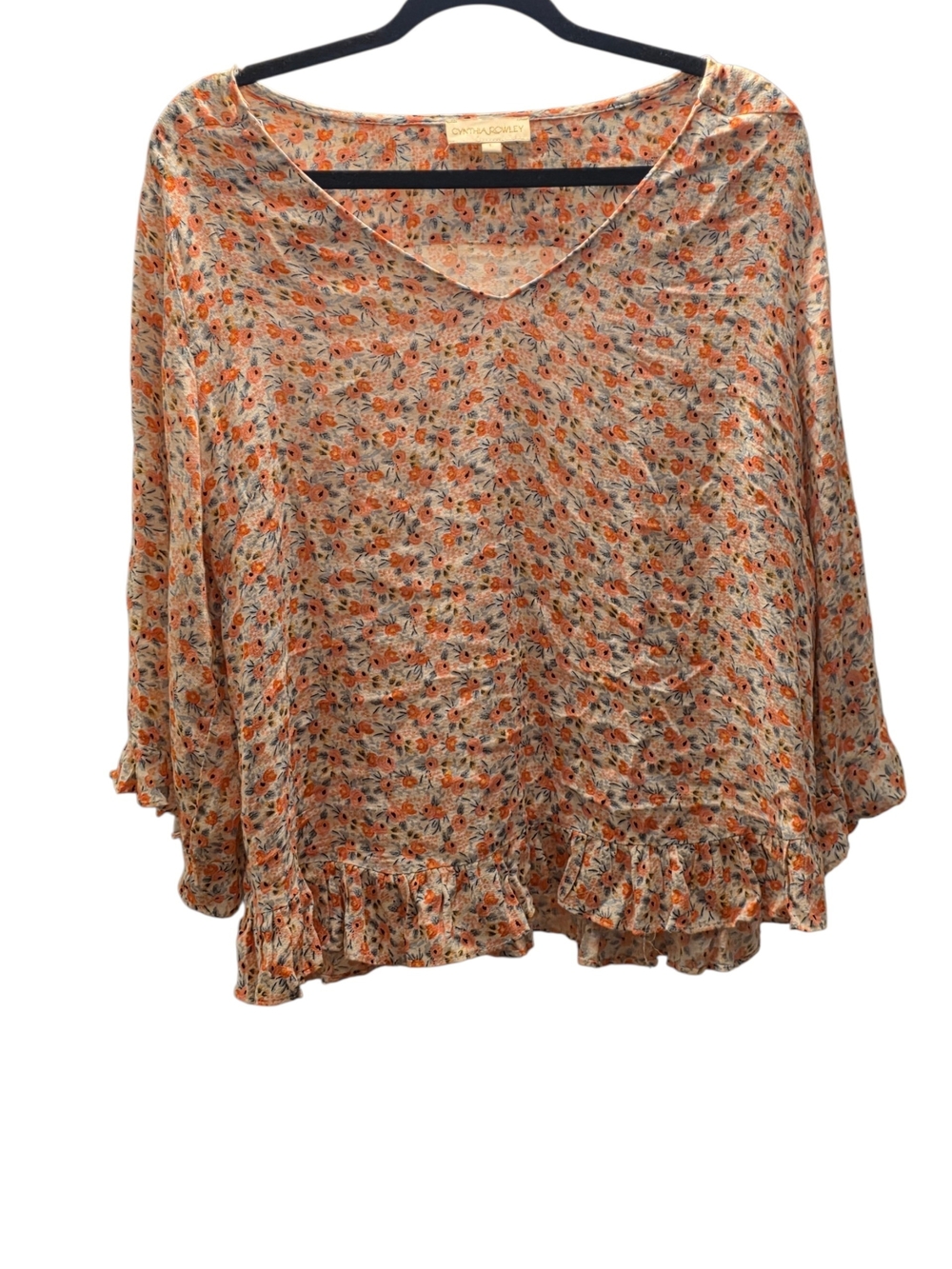 Cynthia Rowley Orange Floral V-Neck Ruffle Tunic